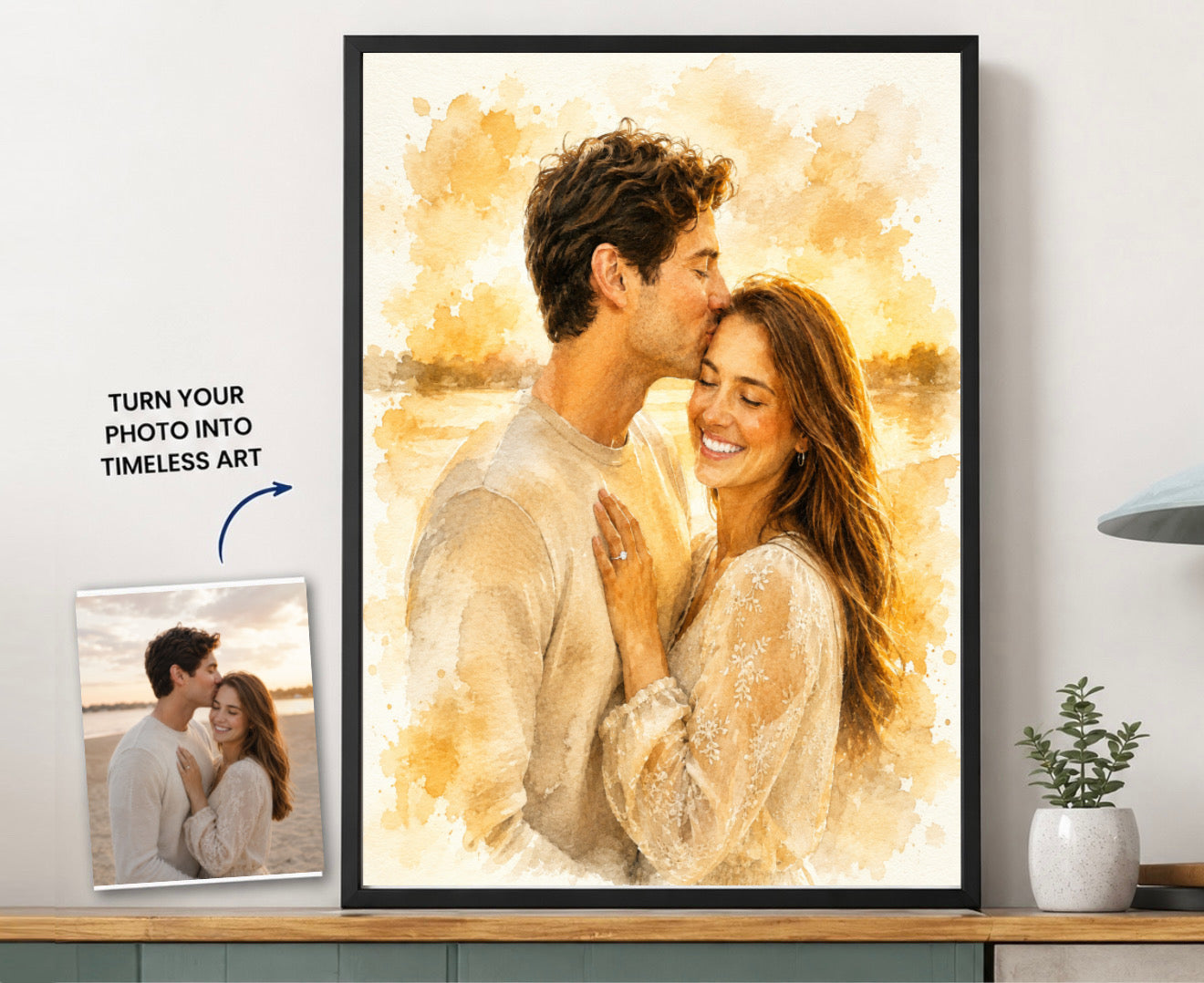 Custom Watercolor Couple Portrait Canvas – Framed